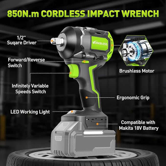 850Nm (630Ft-lbs) Cordless Impact Wrench for Ma-kita 18V Battery, Brushless 1/2 Impact Gun, 3-Speed, 4 Cr-V Sockets, LED Light, Electric Impact Wrench for Car Tire, Mower Lug Nut