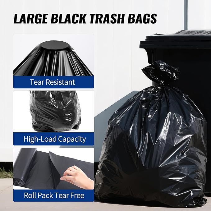 20 Count 55-60 Gallon Trash Bags, Tear-Free Large Black Garbage Bags for Kitchen, Office, Outdoor, Commercial Use, Lawn and Leaf Bags, Lightweight 17 Micron Design for Daily Dry Waste