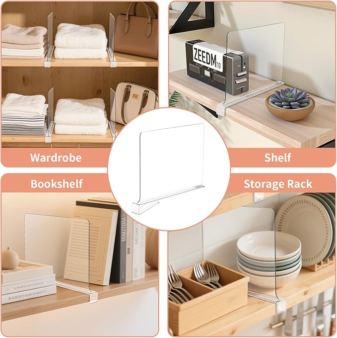 10 Pack Clear Shelf Dividers for Closets, Acrylic Dividers for Shelves, Closet Shelf Divider for Organization,Organizers & Separators for Shelf Storage, Home Closets, Cabinets