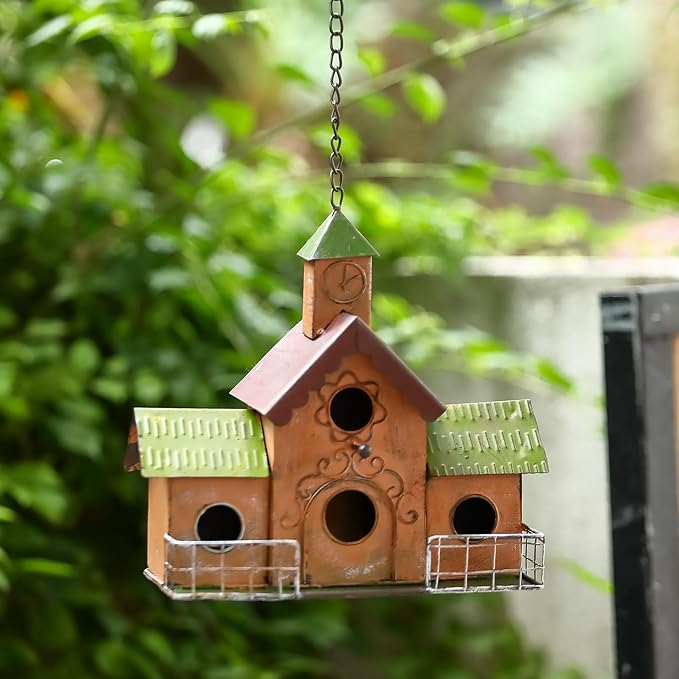 Large Bird Houses for Outside Hanging, 4 Hole Outdoor Bird House with Clock Tower, Easy Clear, Metal Bird Houses for Outside with Perches.