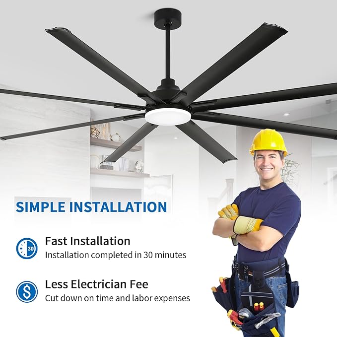 84 Inch Industrial Ceiling Fans with Light,Large Ceiling Fan with 8 Reversible Aluminum Blades, 3CCT, 6-Speed Remote Control, Home or Commercial Ceiling Fan for Porch/Garage/Shop