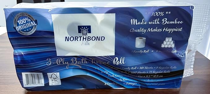 Northbond Strong & Soft 3-Ply Bamboo Toilet Paper – Eco-Friendly, Sustainable, Ultra-Absorbent Bulk 8-Pack (72 Regular Rolls), 4617 Sheets for Families, Septic-Safe & Biodegradable.