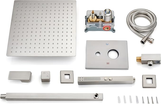 Shower Faucet Set Rainfall Shower System with Square Showerhead and Handle Set Fixture with 2 in 1 Function Handheld Sprayer Wall Mounted Trim Repair Kit Rough-in Valve 16 Inch Brushed Nickel