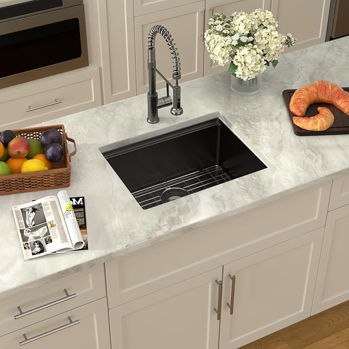 Dcolora 23 Inch Black Kitchen Sink Undermount Wet Bar Sink Workstation Single Bowl Stainless Steel Nano PVD Coating Small Kitchen Sinks,DC-UW6723