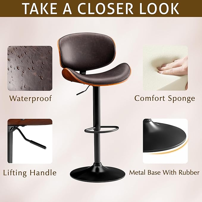 Bar Stools Set of 4 Adjustable Swivel Bentwood Barstools PU Leather Modern Bar Chairs with Back & Footrest for Bar, Kitchen Island, Dining Room (Brown, Set of 4)