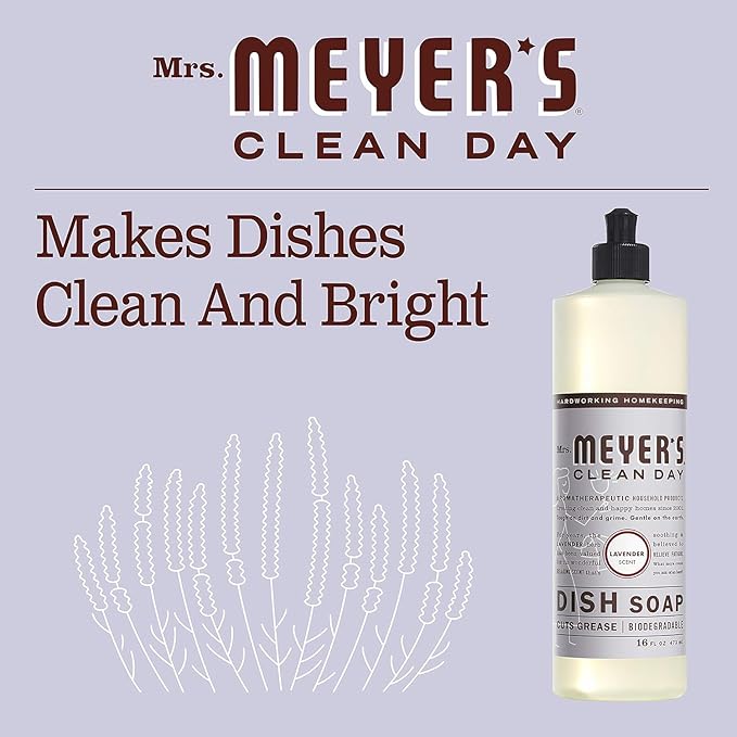 MRS. MEYER'S CLEAN DAY Liquid Dish Soap, Cruelty Free Formula, Lavender Scent, 16 oz- Pack of 6