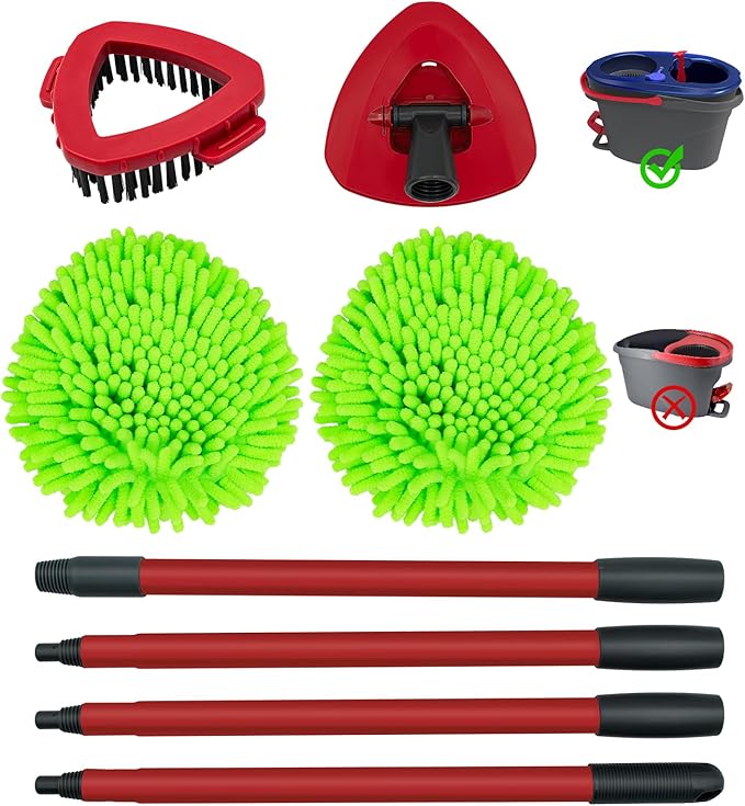 Spin Mop Head, Base, Scrub Brush, Handle Replacement for O-Cedar RinseClean 2-Tank System, Includes 2 Chenille Mop Refills, 4-Section Handle Pole, 1 Scrubber Head, 1 Triangle Base Cover for Ocedar