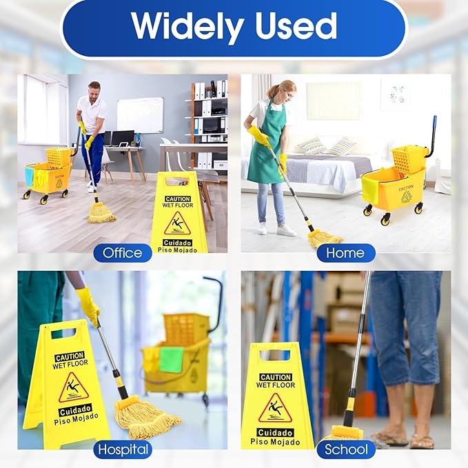 Maxdot 35 Quart Commercial Mop Bucket with Side Press Wringer on Wheels 10 Pcs Set Yellow Industrial Mop and Bucket with Caution Sign 5 Microfiber Cleaning Rag and 2 Gloves Set for Floor Cleaning