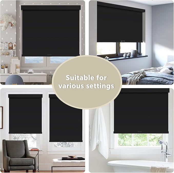 Cordless Blackout Roller Shades Blinds for Windows Free-Stop,Pull Down Room Darkening with Valance,Thermal Insulated Woven Fabric Window Door Blinds for Home,Office,Black 64" W x 72" H