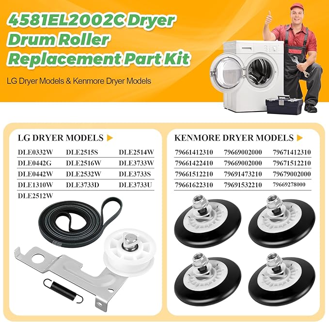 AGM75510755 Dryer Repair Kit with 4581EL2002C Dryer Drum Roller Kit 4400EL2001A Drive Belt 4561EL3002A Idler Pulley & Spring by Techecook - Fit for Lg Kenmore Dryer - Replaces 4400EL2001F 4581EL2002A