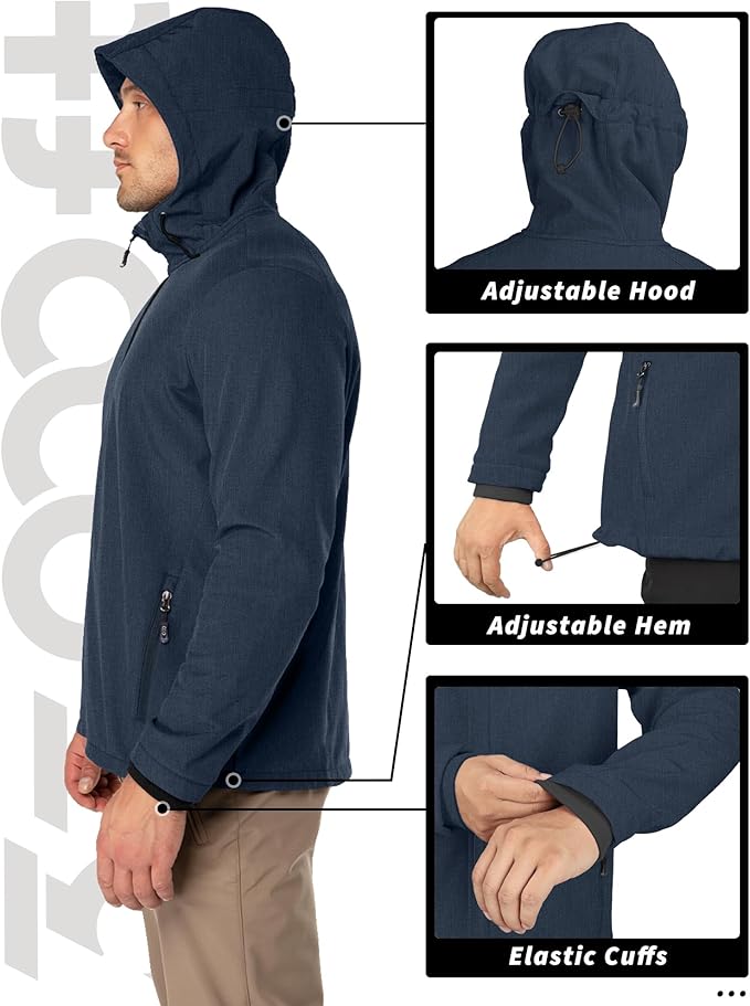 33,000ft Men's Hooded Softshell Jacket Waterproof Lightweight Insulated Windbreaker Fleece Lined Rain Shell Jacket
