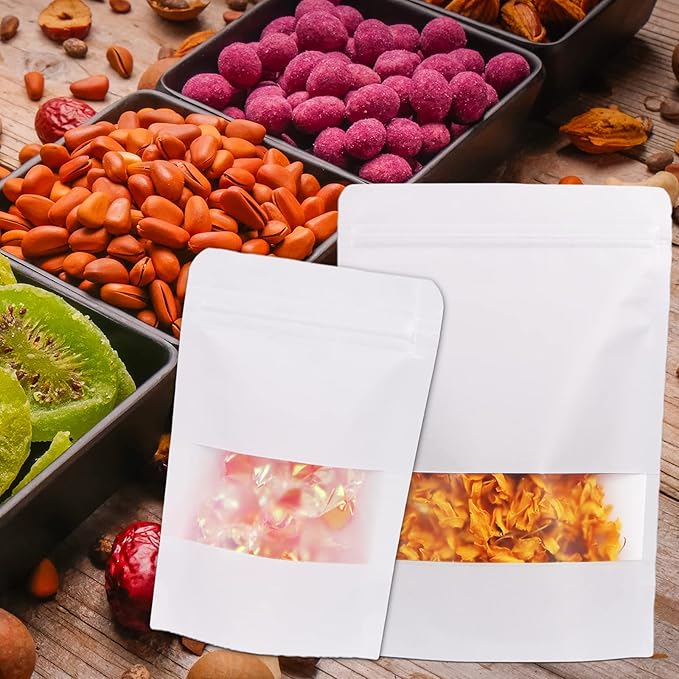 50pcs Kraft Bags with Window 3.5x5.5 Inches White Reusable Sealable Zip Lock Food Storage Stand up Paper Pouches for Home or Business