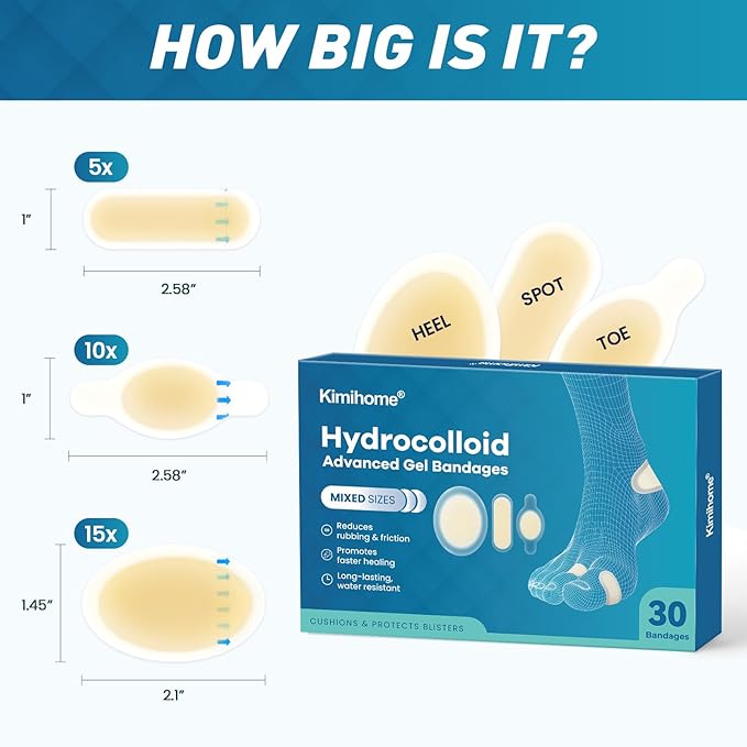 Hydrocolloid Blister Bandages for Feet - 30ct Gel Blister Bandages - Blister Cushions for Heel, Toe - Blister Prevention for Travel - Water Resistant Bandages Pads (Variety Pack)