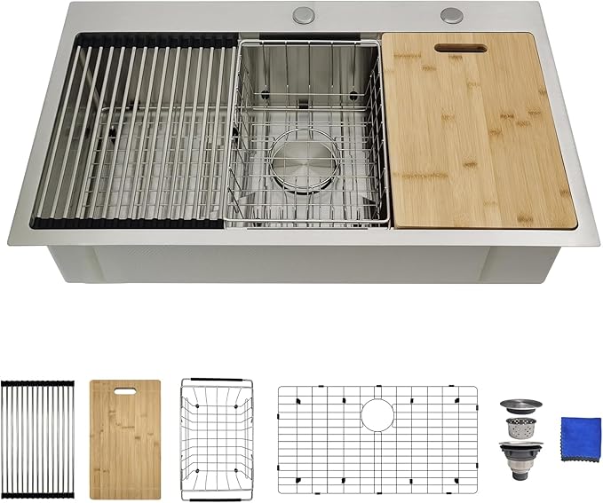 33x19 Drop In Kitchen Sink - Delironexu 16 Gauge Stainless Steel Sinks, 33 Inch Drop In Kitchen Sink Single Bowl, Top Mount Workstation Sinks with 6 Accessories Package