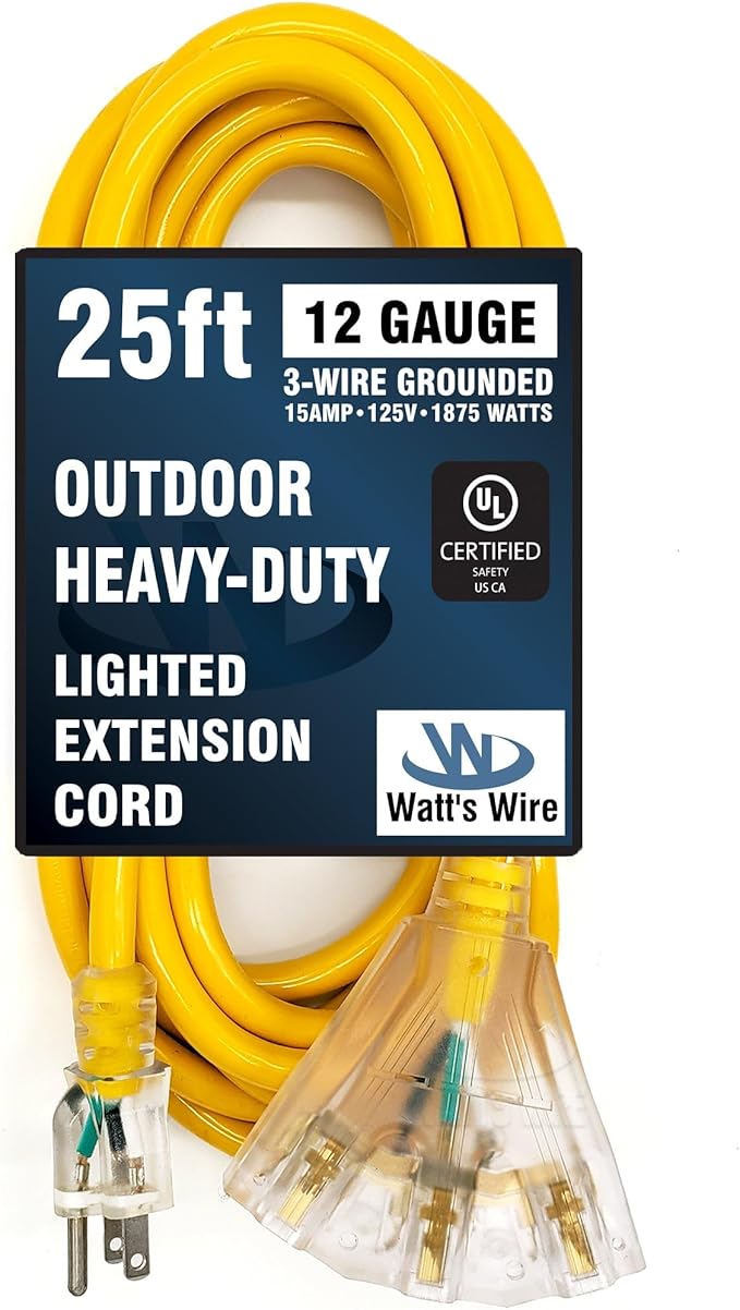 25 ft Outdoor Extension Cord Waterproof - 12 Gauge Heavy Duty Extension Cord Splitter - Lighted Outdoor Extension Cords with Multiple Outlets - Watts Wire - 25' Grounded - extensiones electricas