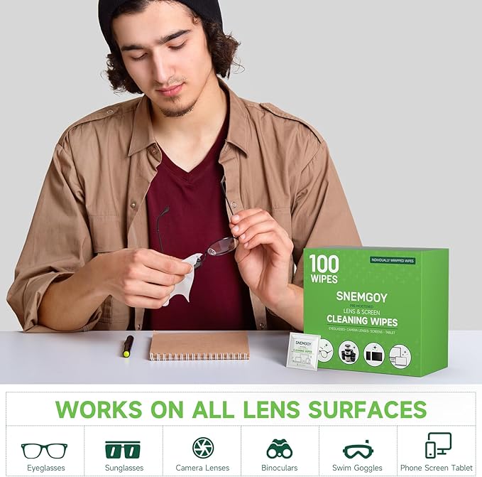 100 Count Lens Cleaning Wipes, Pre-Moistened & Individually Wrapped Glasses Wipes, Eye Glasses Cleaner for Eyeglasses, Camera Lens, Phone, Tablets & Computer Screen and Other Delicate Surfaces