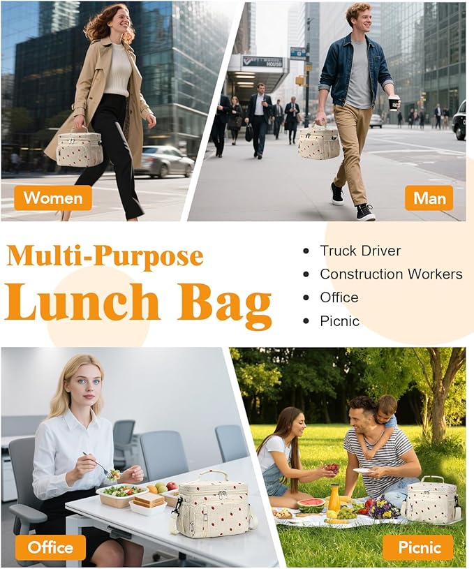 Insulated Lunch Bag for Men & Women - Leakproof Lunch Box Soft Cooler Tote, Adjustable Strap, Reusable Lunch Box for Work Office Picnic Beach Travel-Corduroy Strawberry