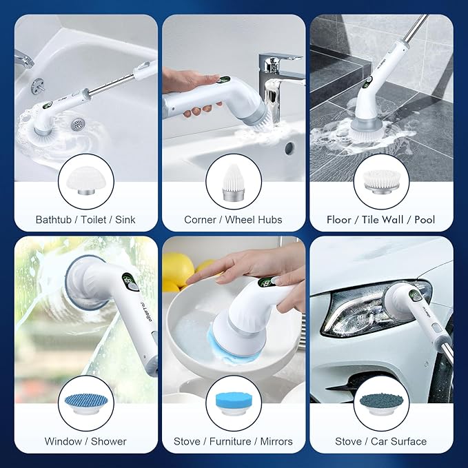 LABIGO Electric Spin Scrubber LA4 Pro, Dual Speed Bathroom Scrubber with Display & 6 Replacement Cleaning Heads, Cordless Power Scrubber with Adjustable & Detachable Handle for Bathroom Floor Tile