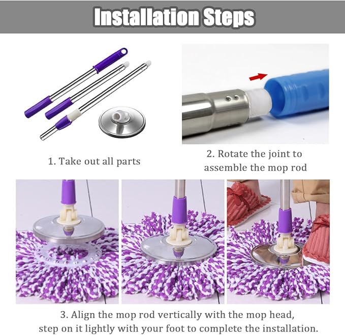 Extended Spin Mop Replacement Mop Handle, Upgraded 60-inch 360 Degrees Rotating Telescopic Replacement Mop Stick for Spin Mop Bucket Cleaning System Floor Cleaning (Plastic Disc, Purple)