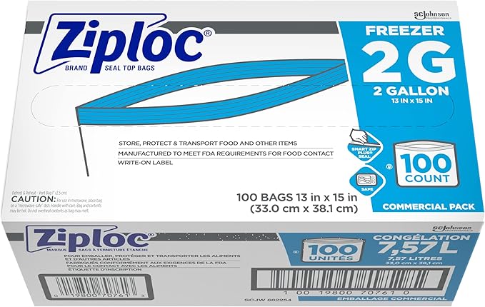 SC Johnson Professional Ziploc Professional Freezer Bags, For Food Organization and Storage, Double Zipper, 2 Gallon, 100 Count