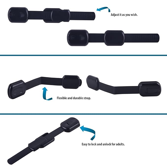 Child Safety Cabinet Locks (2 Pack) – Adjustable Baby Proofing Strap Latches with Strong 3M Adhesive – No Drill Childproof Locks for Drawers, Cabinets, Fridge, Door, Closet, Black