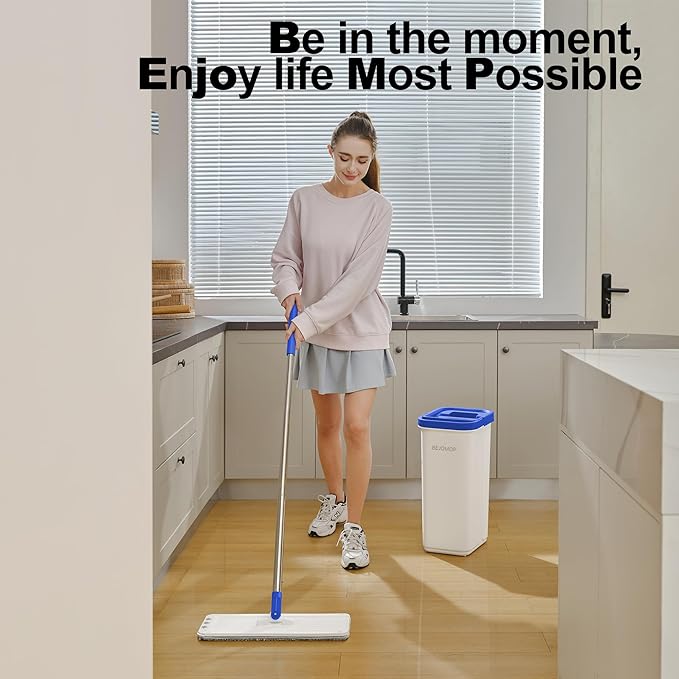 Mop and Bucket Set with Wringer, Squeeze Wall Mop Cleaner with Long Handle, Flat Mop and Bucket System, Dry & Wet Dust Mop for Household Floor Cleaning with 3 Microfiber Mops, Slate Blue