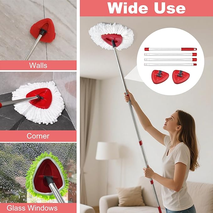 Mop Handle for O Cedar,2 Spin Mop Base for Ocedar, Mop Stick Pole Handle Adjustable 30-58" and Replacement Mop Base Part for EasyWring Spin Mop, Lightweight & Durable