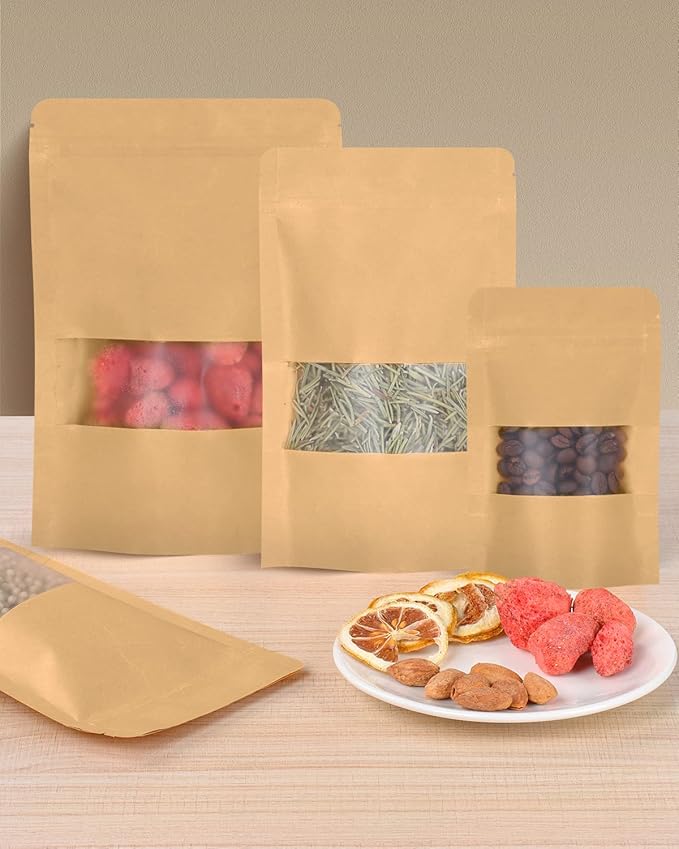 50pcs Kraft Bags with Window 3.5x5.5 Inches Brown Reusable Sealable Zip Lock Food Storage Stand up Paper Pouches for Home or Business