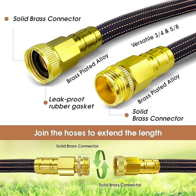 50FT Lightweight Flexible Garden Hose,Non-Slip Handles,Non-kink Hose,Solid Brass Fitting for Boats, RV Water Hose,Marine Washdown,Lawn,Garden,Leakproof TPE Hose (GreenBlack, 2x25 FT)