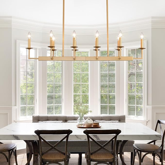 48-Inch Rustic Gold Linear Chandelier,Extra Long Candle Chandelier,Gold Light Fixture for Dining Room Living Room Kitchen Island, Modern Rectangular Chandelier(10-Light,Bulbs Not Included)