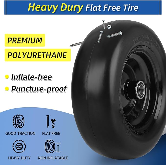 11x4.00-5” Flat Free Lawn Mower Tire and Wheel with Bearing Bore 3/4" or 5/8", 3.4"-4"-4.5"-5" Centered Hub, Smooth Tread Tire for Zero Turn Mowers, 2 Pack