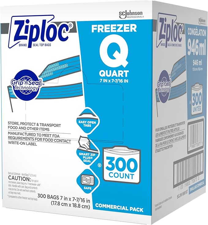SC Johnson Professional Ziploc Quart Food Storage Freezer Bags, Grip 'n Seal Technology for Easier Grip, Open, and Close, 300 Count