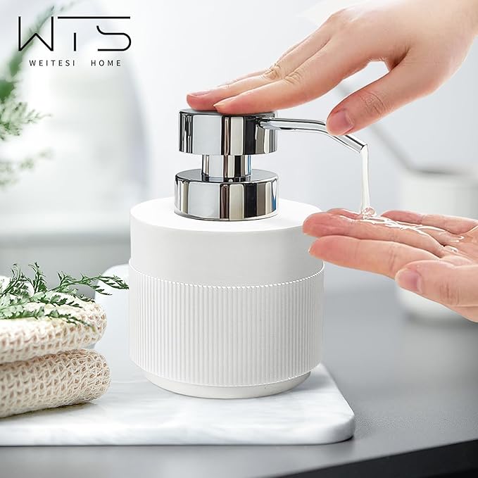 Resin Soap Dispenser for Bathroom, Hand Lotion Liquid Dispenser Easy-to-Press with Reusable Plastic Pump for Shampoo Bathroom Kitchen Countertop Anti-Slip Rust-Proof 12.5 oz White