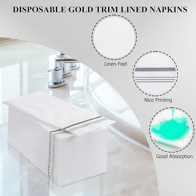 100 Disposable Paper Hand Towels for Bathroom, Linen Feel Guest Towels, Soft and Absorbent Paper Towels Napkins Bulk for Home Dinner Kitchen Wedding, 12" x 17"(Silver Trim Lined)