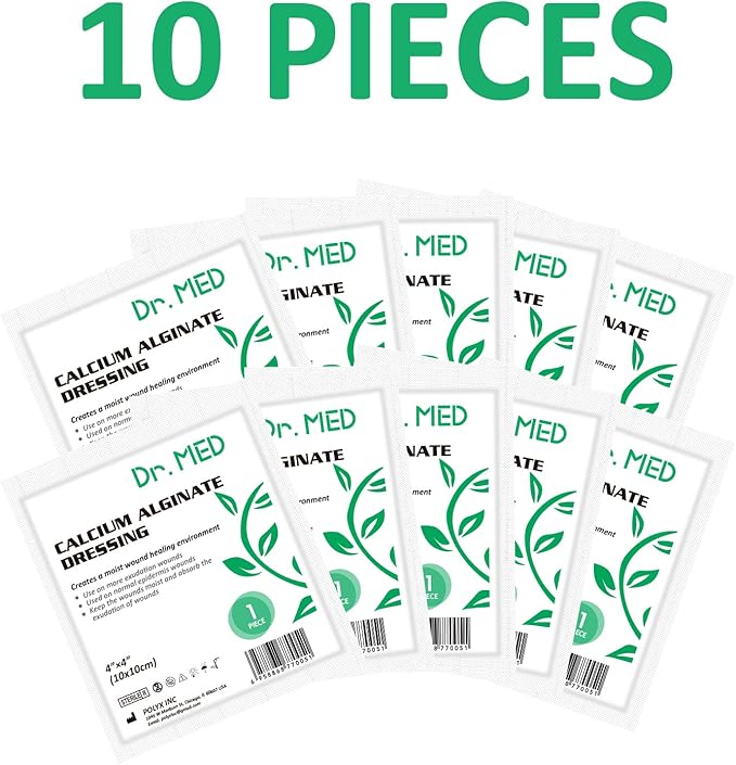 Dr. Med Calcium Alginate Wound Dressing 4"x4", 10 Individual Pack High Absorption Dressing Gauze, Non-Stick Pads, Soft and Comfortable Patch for Wound Care, Faster Healing