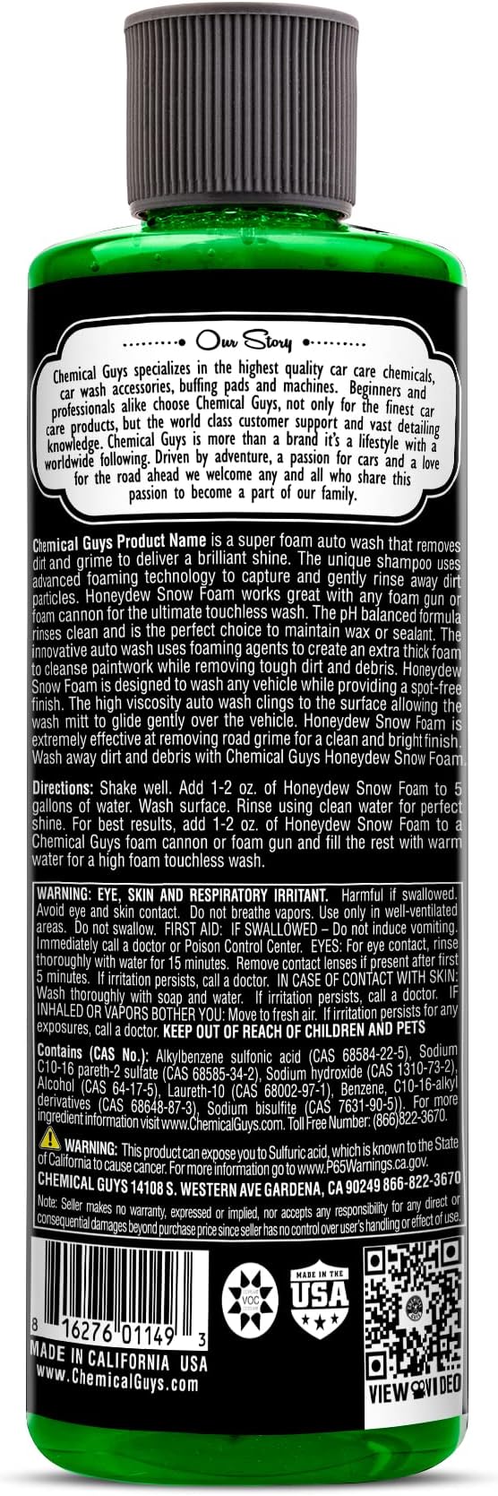Chemical Guys CWS_110_16 Honeydew Snow Foam Car Wash Soap (Works with Foam Cannons, Foam Guns or Bucket Washes) Safe for Cars, Trucks, Motorcycles, RVs & More, 16 fl oz, Honeydew Scent