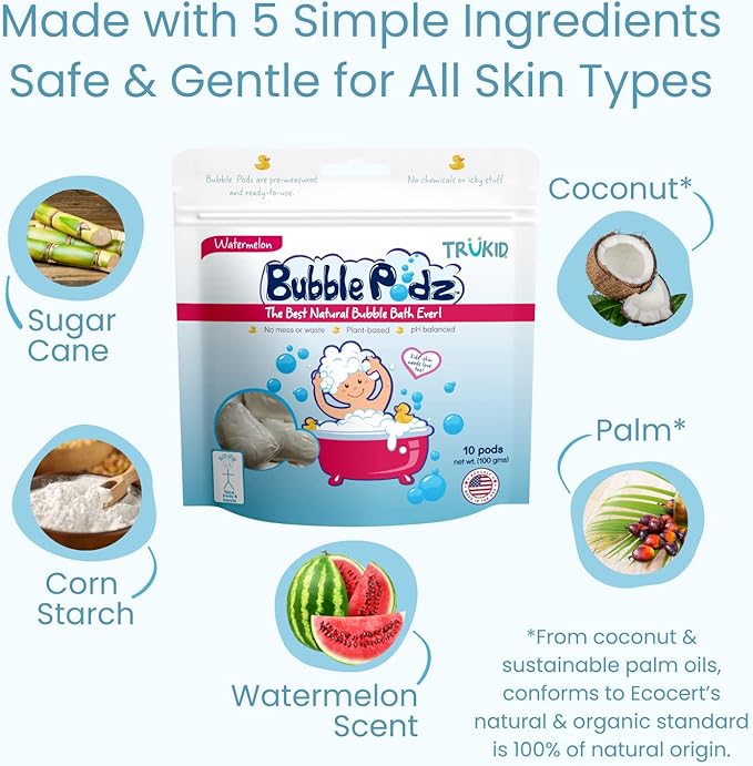 TruKid Watermelon Bubble Podz & BubbleGlove Set – Bubble Bath Pods and 2 Wash Gloves for Toddlers and Kids