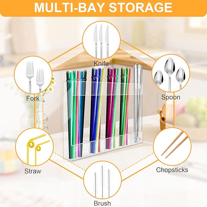 Straw Holder Acrylic for Cabinet Reusable Organizer Dispenser 5-Grid Straw Rack Comes with 8 Double-Sided Tapes and 15 Classification Label Stickers (Transparent)
