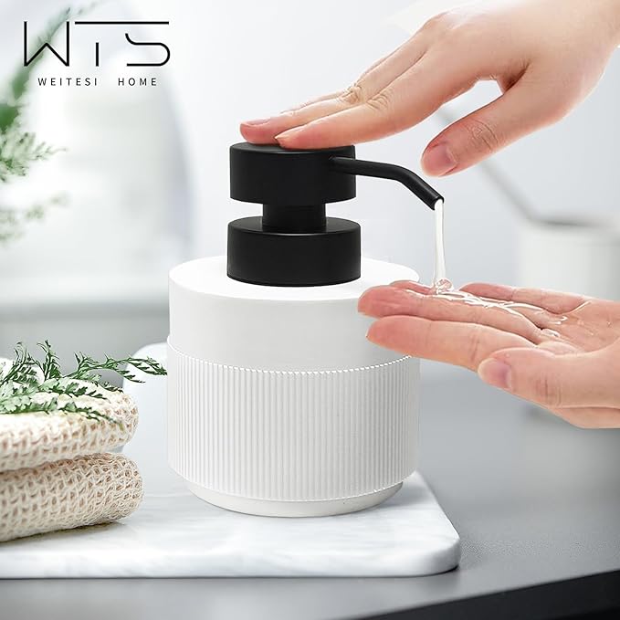Resin Soap Dispenser for Bathroom, Hand Lotion Liquid Dispenser Easy-to-Press with Reusable Plastic Pump for Shampoo Bathroom Kitchen Countertop Anti-Slip Rust-Proof 12.5 oz White
