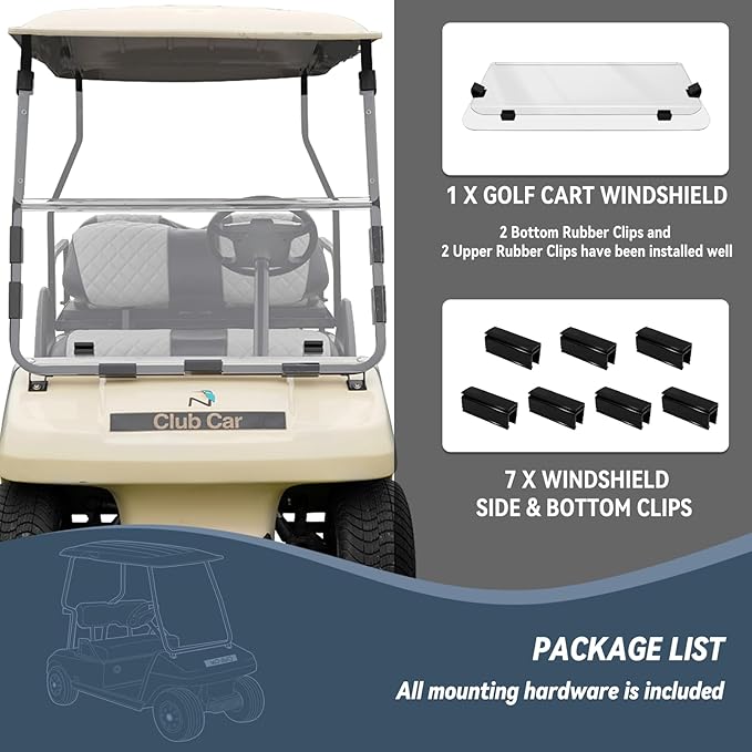 Golf Cart Windshield for EZGO/Club Car DS/Precedent/Yamaha Gas & Electric Models, 5MM Thicken Foldable, Clear Highly Transparent and Impact Resistant Acrylic