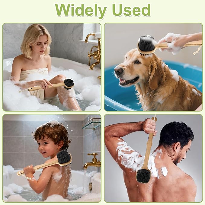 Silicone Back Scrubber for Shower, 2PCS Silicone Bath Body Brush Loofah with Long Handle, Dual-Sided Shower Brush for Body, Black Exfoliating Body Scrubber for Men Women, Back Washer for Men with Hook