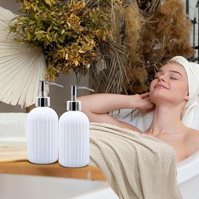 2 Pack Glass Soap Dispenser Bottle with Pump, 14 Oz Refillable Liquid Hand Jar Dispenser for Bathroom, Countertop, Kitchen, Laundry Room (White)