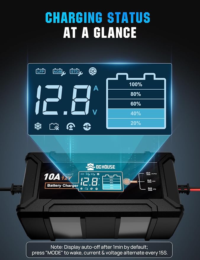 DC House Battery Charger 12V 10A, Smart Car Trickle Charger Fully Automatic Maintainer Desulfator for Lead-Acid & LiFePO4 Batteries Car Motorcycle Truck Lawn Mower