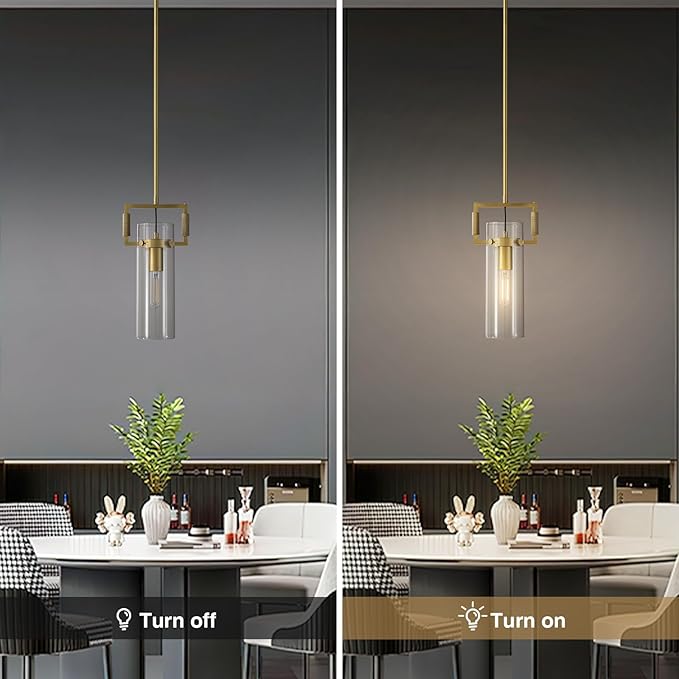 Modern Gold Kitchen Island Pendant Lights, 12 Inch 1-Light Adjustable Pendant Light with Glass Shade & Brass Finish, Hanging Light Fixture for Kitchen, Dining Room, Bathroom, Living Room