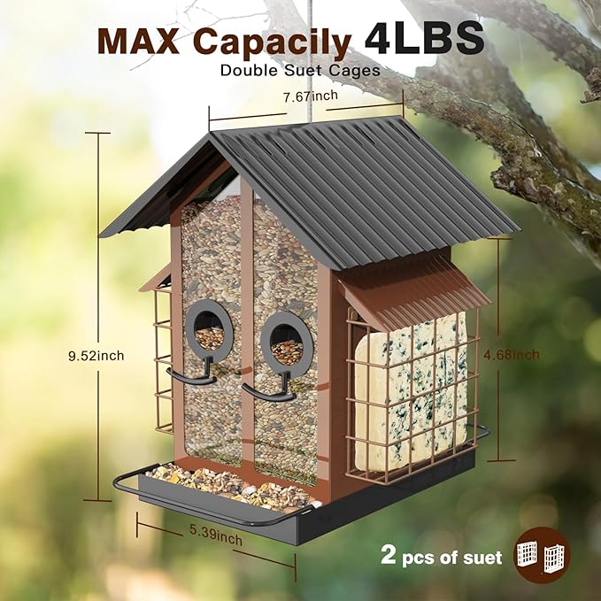 Bird Feeders for Outdoors, Metal Bird Feeder with Double Suet Cage Weatherproof Metal Roof, 2 in 1 Mixed Seeds Suet Feeder, 4Lbs Large Capacity, Great for Finch、Cardinal、Chickadee(Brown)