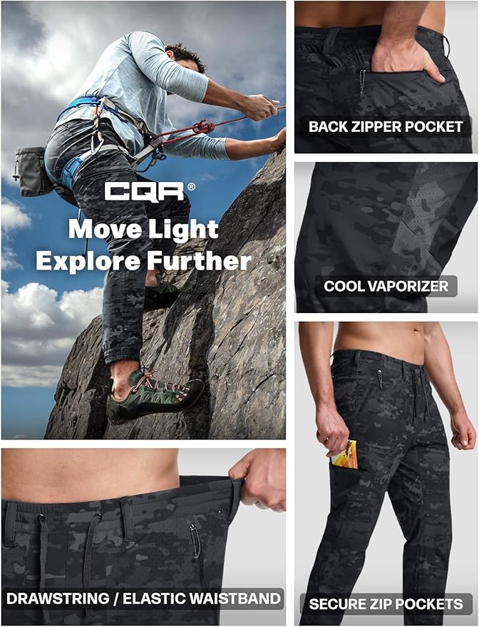 CQR Men's Lightweight Vent Hiking Pants, Water-Resistant & Breathable Sports Outdoor Athletic Pants with Elastic Waist