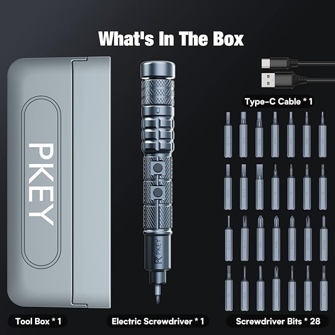 PKEY Mini Electric Screwdriver Set,Precision Electric Screwdriver, Cordless with 28 Precision Magnetic Bits, 3 Gears Torque, Overload Protection, Repair Tool Set for Phone Camera Laptop Watch