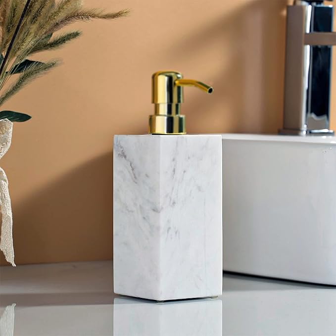 LAGOM HOUSE Marble Soap Dispenser, White Italian Natural Stone Marble Liquid Hand Soap Dispenser Decorative Bottle for Kitchen Bathroom Countertop Gold Stainless Steel Lotion Pump Dispenser
