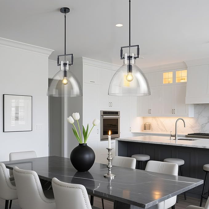 Mondern Large Black Kitchen Island Pendant Light, 14 '' W 1-Light Glass Chandelier,Island Pendant Lights,Farmhouses Pendant Light, for Kitchen,Dining Room,Bathroom,Includes Bulbs