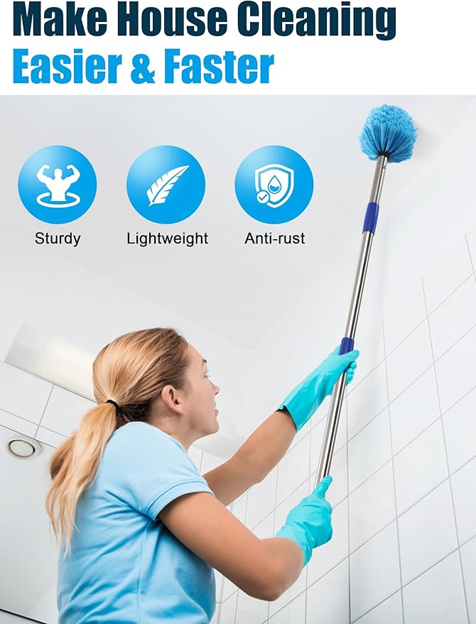 Cobweb Duster with Extension Pole, Outdoor Spider Web Brush with 6 ft Long Handle, Metal Cob Web Remover for High Ceilings Fans Indoor Cleaning, Medium-Stiff Bristles Dust Brush, Lightweight Cleaner